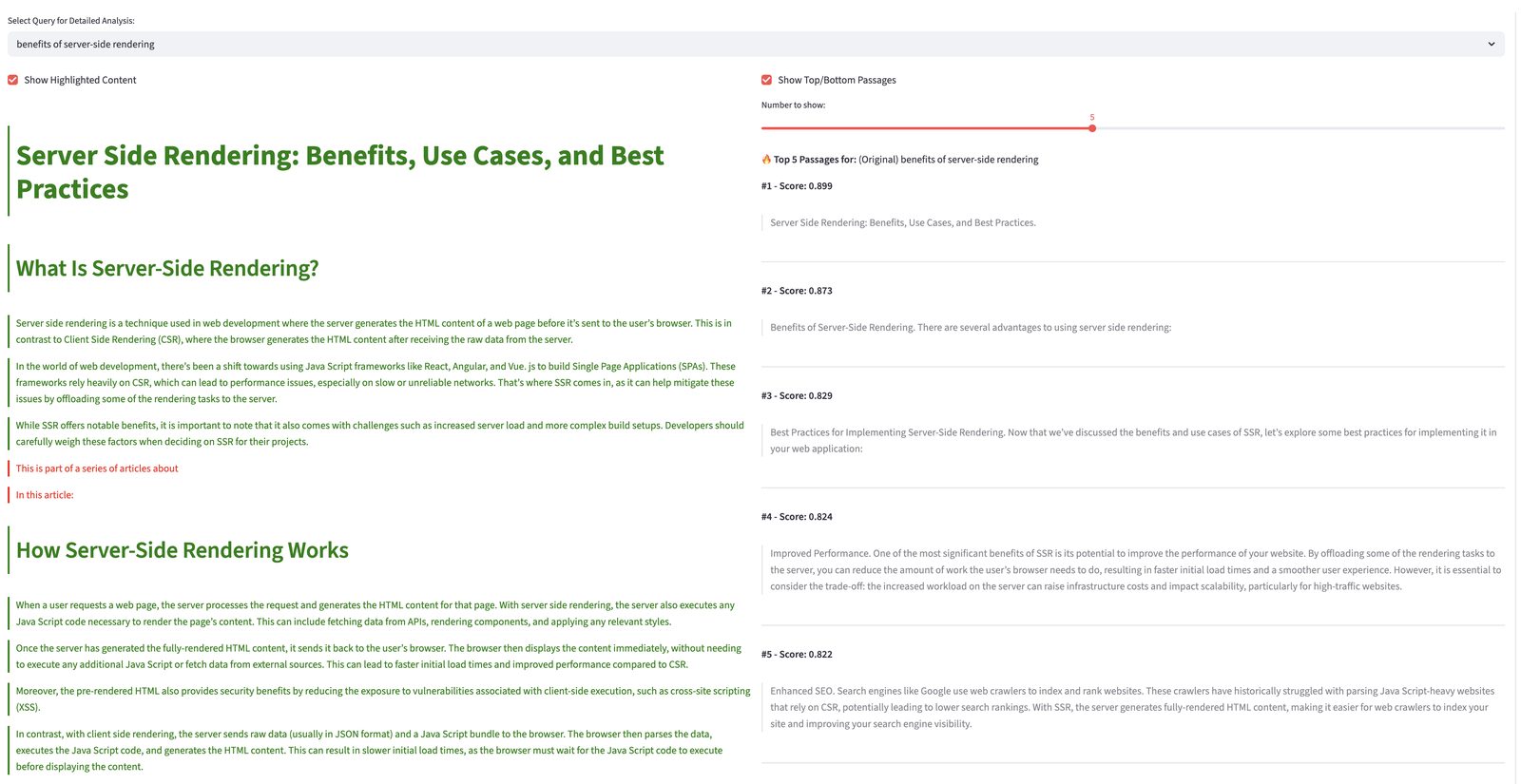 Detailed passage analysis for the query 'benefits of server-side rendering' — the source page rendered with green passages (covered) and red passages (gaps) highlighted inline, alongside a Top 5 Passages list ranked by similarity score.