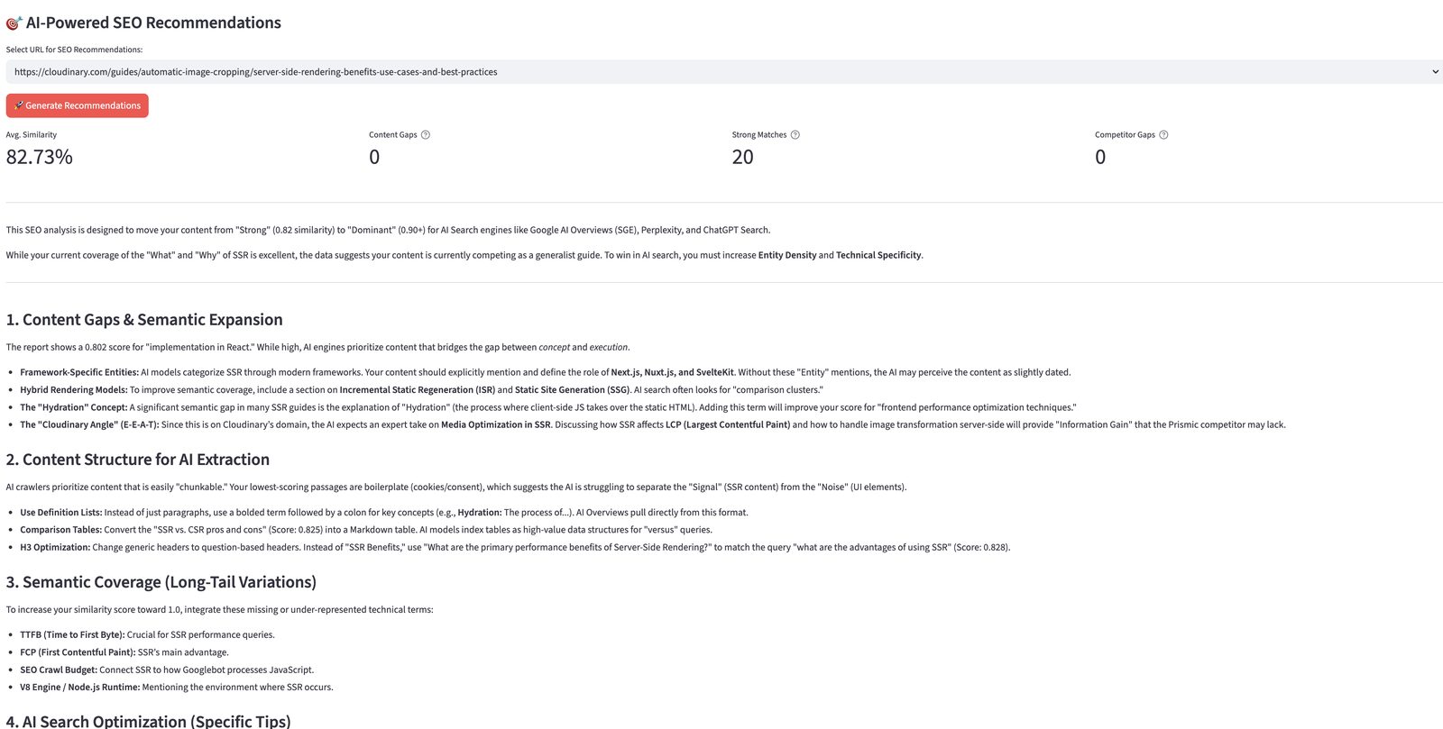 AI-Powered SEO Recommendations dashboard showing average similarity of 82.73 percent, 0 content gaps, 20 strong matches, and structured recommendations across Content Gaps and Semantic Expansion, Content Structure for AI Extraction, Semantic Coverage, and AI Search Optimization.