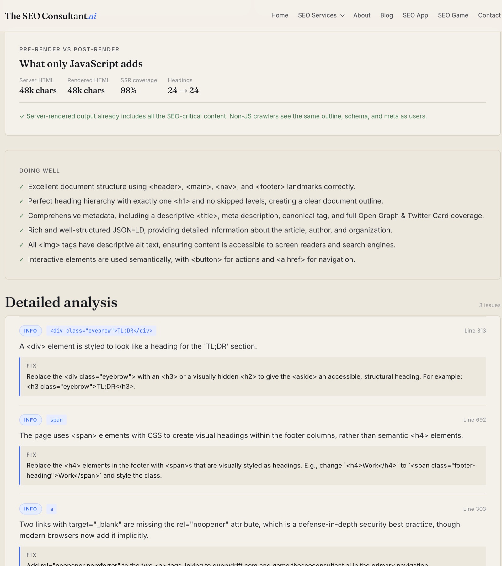 Semantic HTML Analyzer detailed analysis view — a Pre-render vs Post-render panel comparing server HTML and rendered HTML at 48k chars each with 98% SSR coverage and 24 to 24 headings; a Doing well checklist of strengths including document structure, heading hierarchy, metadata, JSON-LD, image alt text, and interactive element semantics; and a Detailed analysis section listing three INFO-severity issues with line numbers and concrete FIX suggestions.