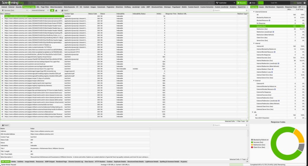 Screaming Frog URL crawl