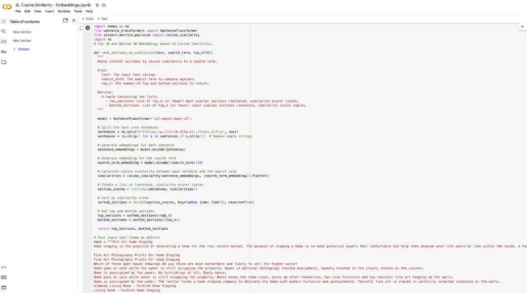 Cosine Similarity Ranking Python Script in Google Colab