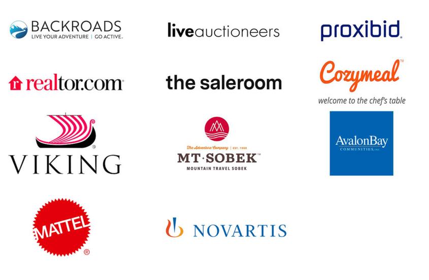 Logos of companies Richard Wong has worked with — Backroads, Auction Technology Group, LiveAuctioneers, Proxibid, Cozymeal, Toyota, Disney, Schwab, Mattel, and more.